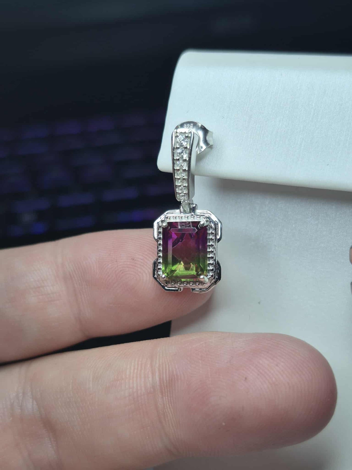 5.28ct Watermelon Quartz Triplet & White Zircon Dangling Earrings 925 Sterling Silver