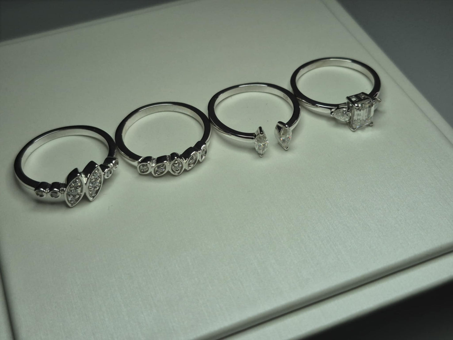 Set of 4 2.800ct Moissanite Rings in Rhodium Overlay925 Sterling Silver SIZE Q