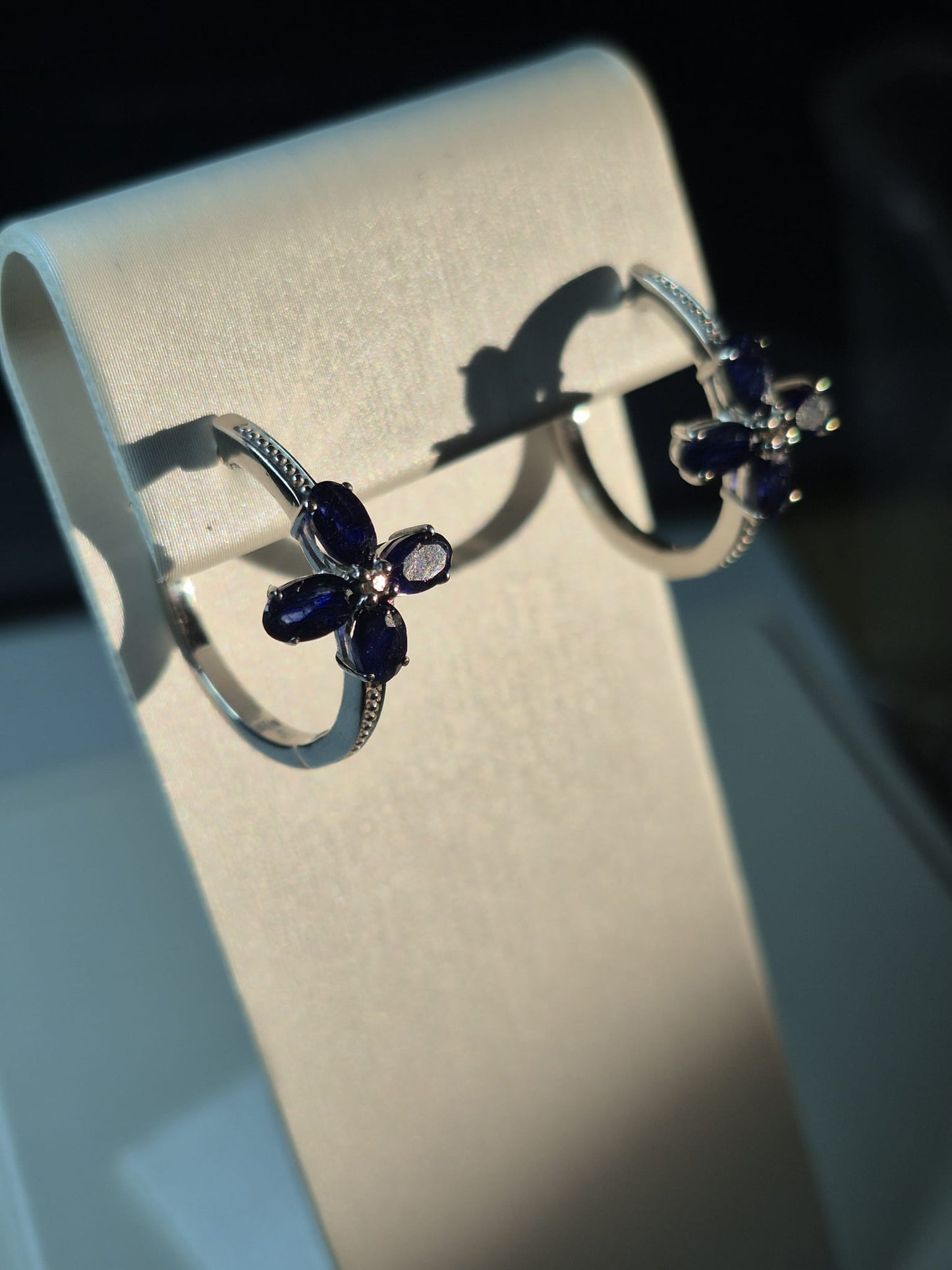 Masoala Sapphire &amp; White Zircon Hoop Earrings 925 Sterling Silver with a rhodium overlay