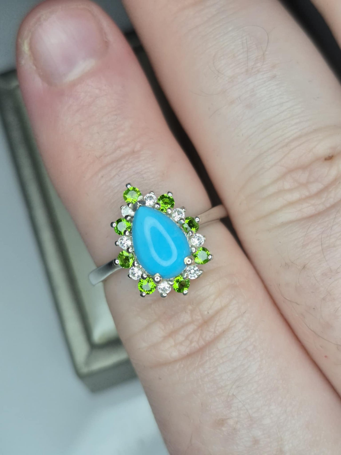 1.75ct Sleeping Beauty Turquoise, Russian Diopside, White Zircon Halo Ring in 925 Sterling Silver SIZE L