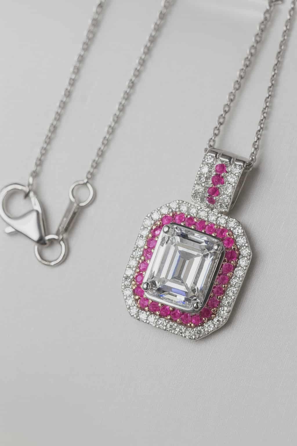 Moissanite & Pink Sapphire Necklace Rhodium Overlay 925 Sterling Silver