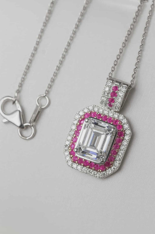 Moissanite & Pink Sapphire Necklace Rhodium Overlay 925 Sterling Silver
