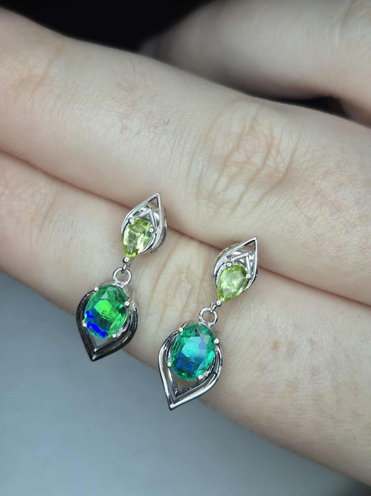 2.08ct Peacock Triplet Quartz & Peridot Dangling Earrings 925 Sterling Silver
