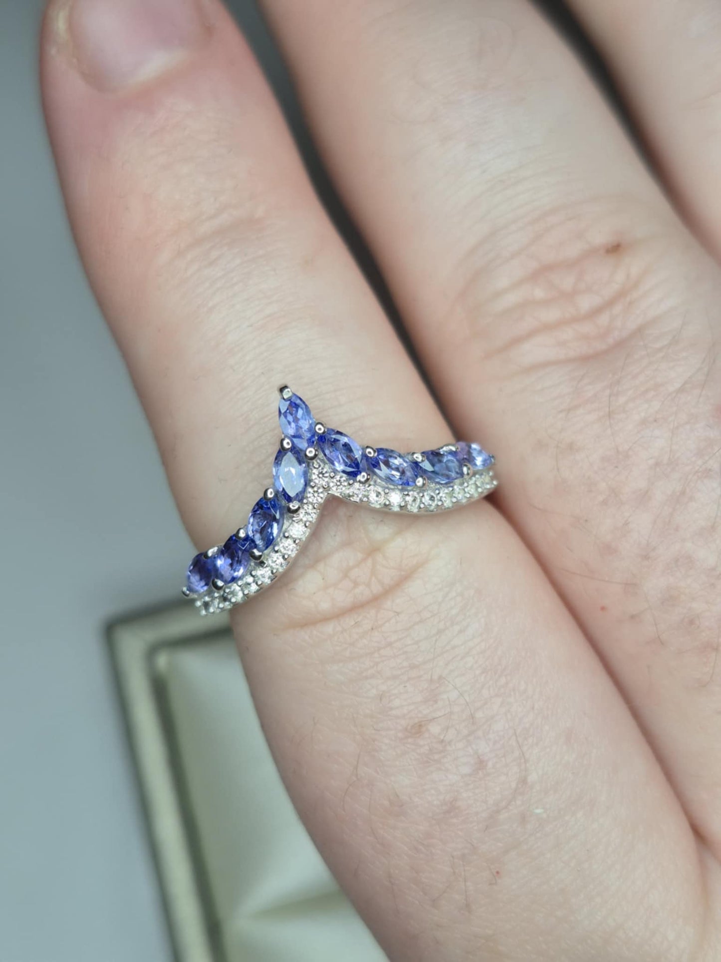 1.17ct Tanzanite and White Zircon Wishbone Ring in Rhodium Overlay 925 Sterling Silver