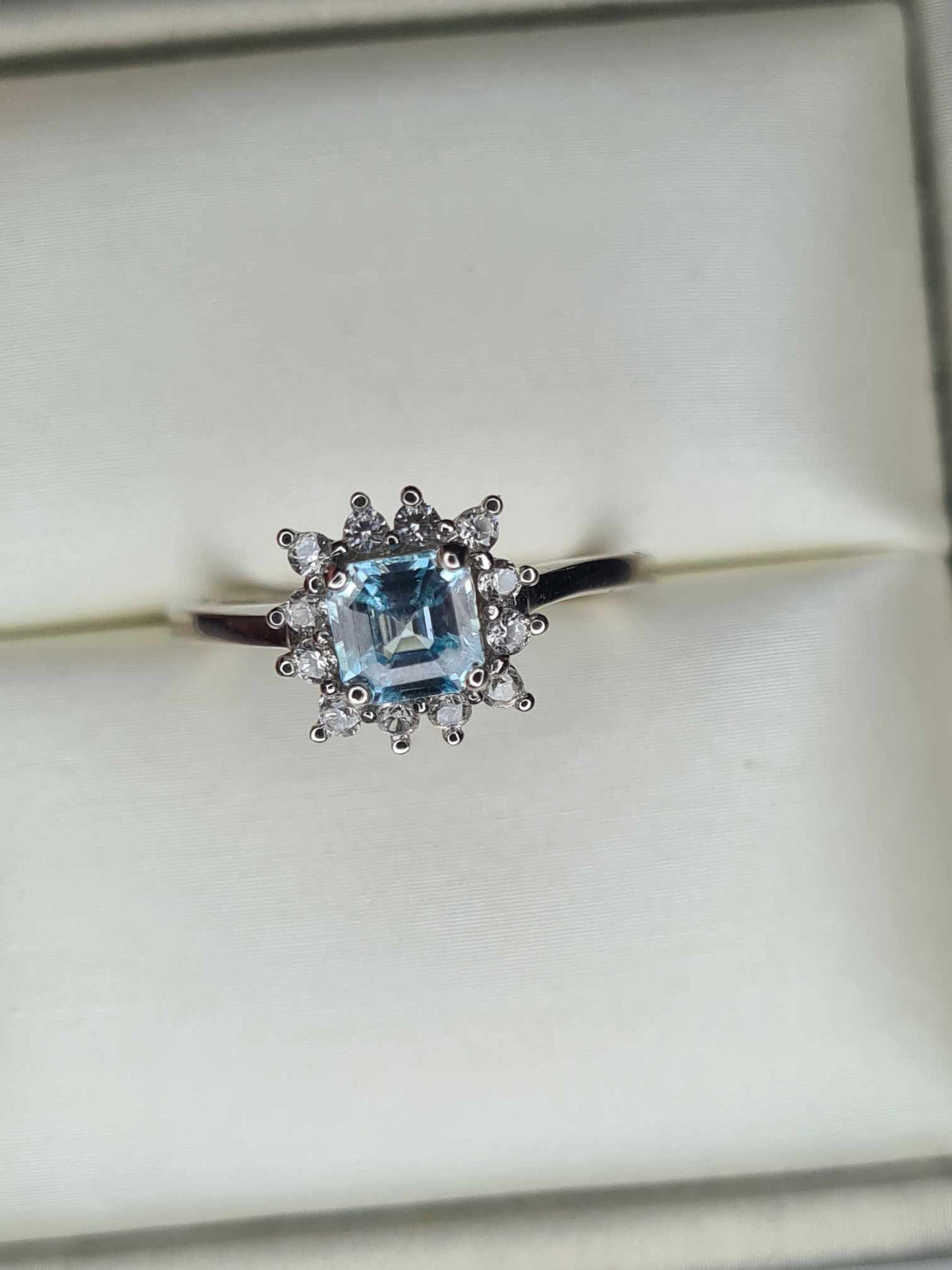 1.25ct Blue & White Zircon Halo Ring in Platinum Overlay 925 Sterling Silver SIZE L