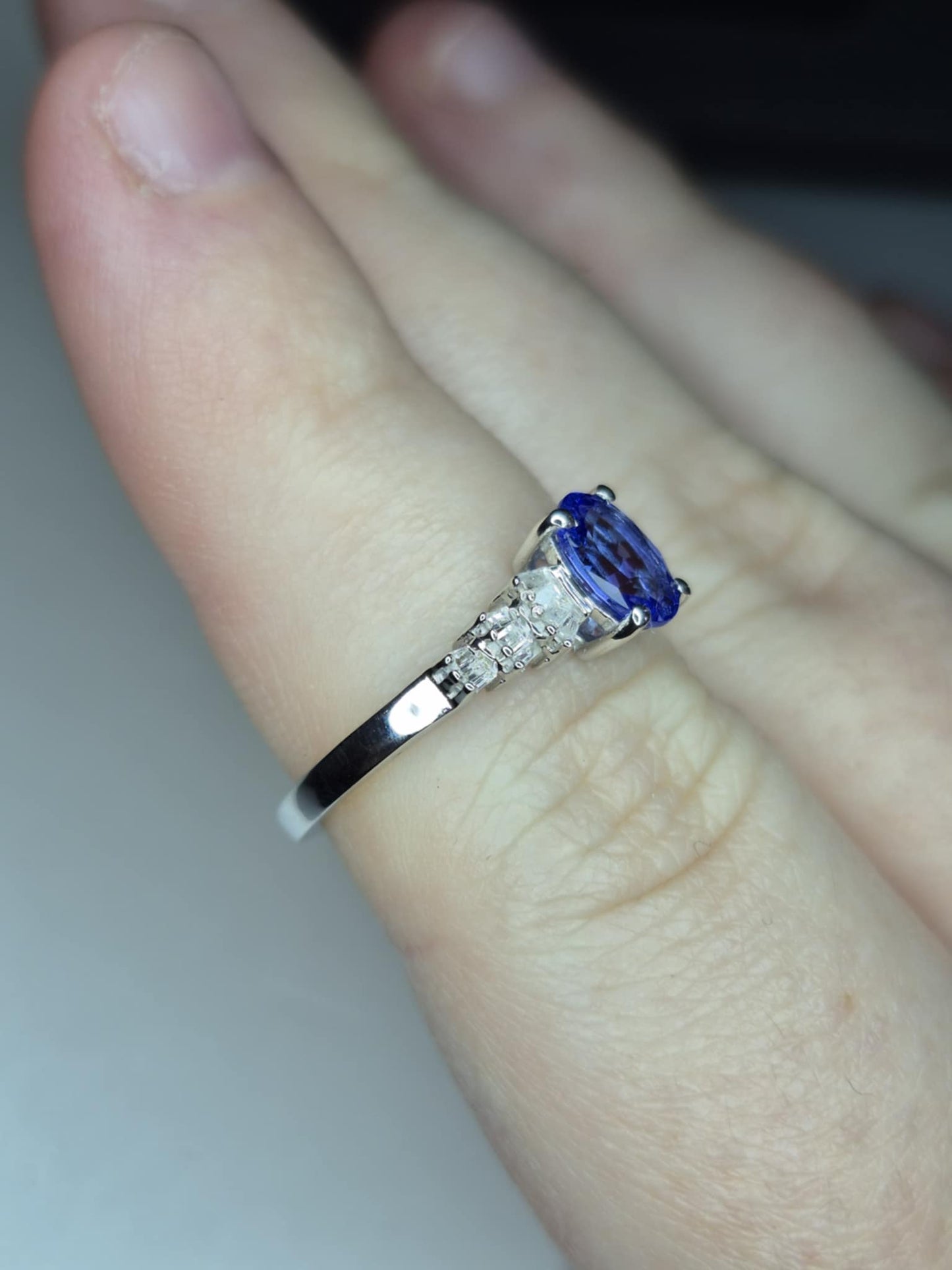 Tanzanite & White Diamond Ballerina Ring Rhodium Overlay 925 Sterling Silver SIZE M