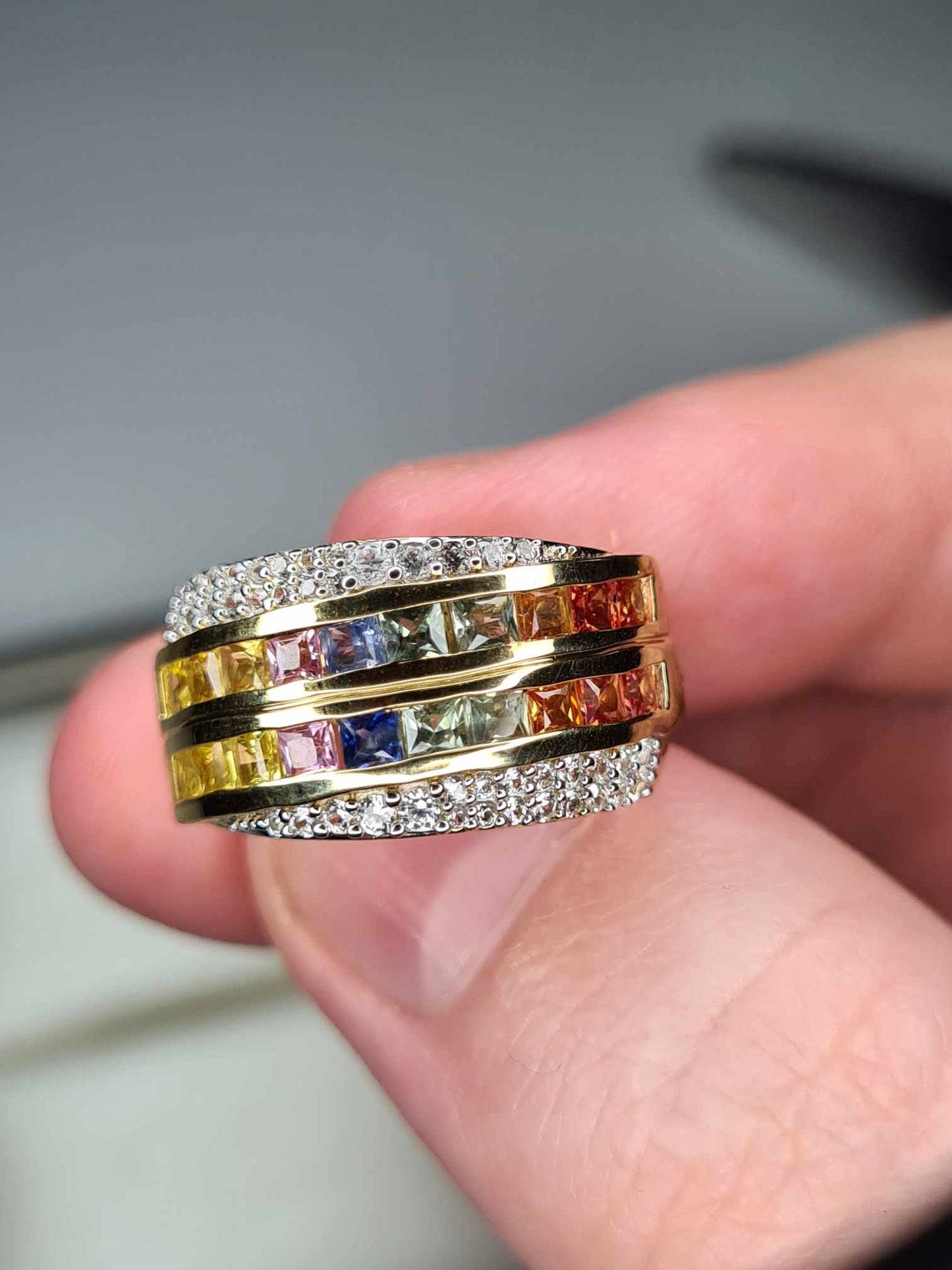 2ct Rainbow Sapphire & Natural Zircon Cluster Band Ring in 18K Gold Overlay 925 Sterling Silver SIZE J