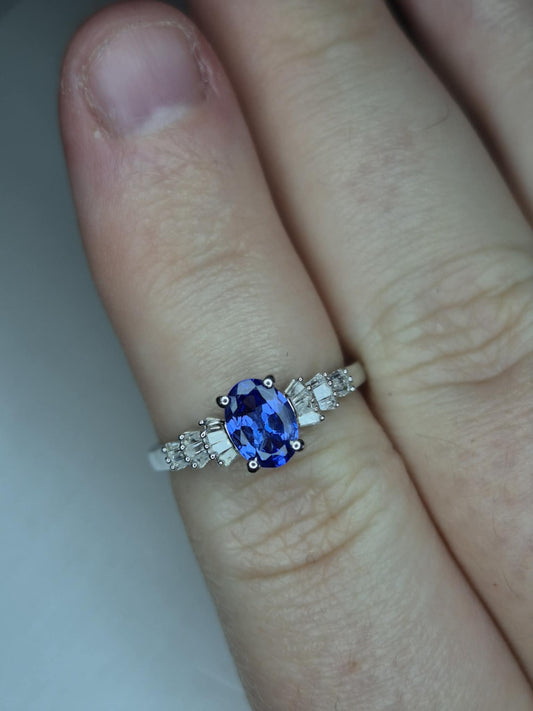 Tanzanite & White Diamond Ballerina Ring Rhodium Overlay 925 Sterling Silver SIZE M