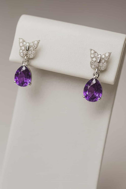 Natural Moroccan Amethyst White Zircon Butterfly Earrings 925 Sterling Silver