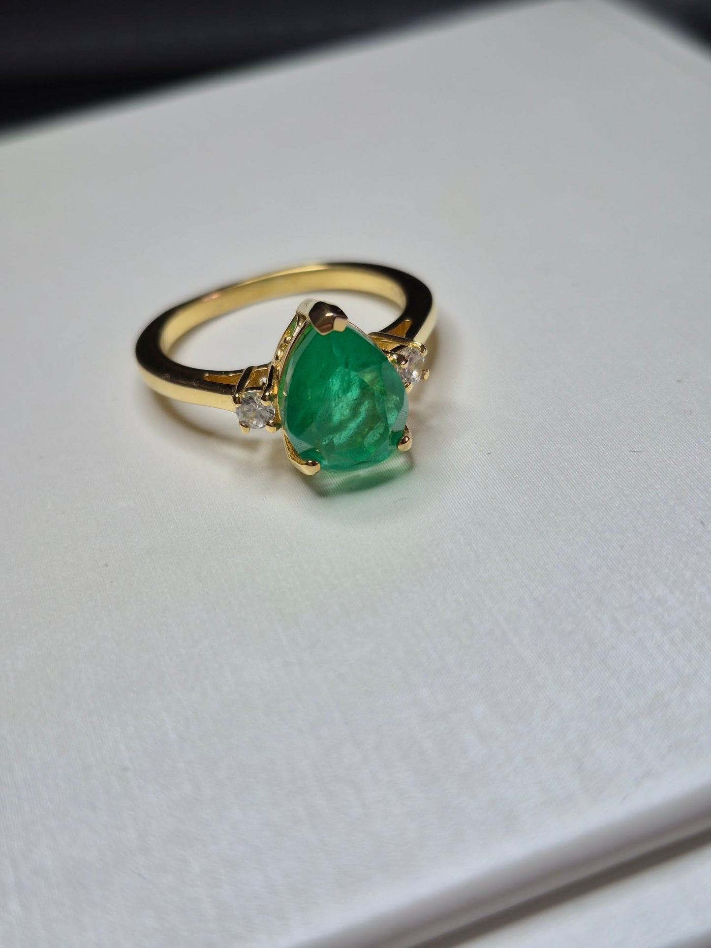 Pear Cut Emeraldine Quartz Ring 925 Sterling Silver With Gold Plating SIZE N