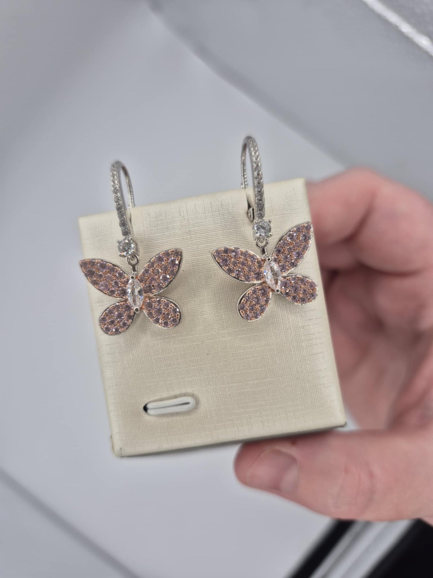 Pink & White Cubic Zirconia Butterfly Earrings in Rhodium Overlay 925 Sterling Silver