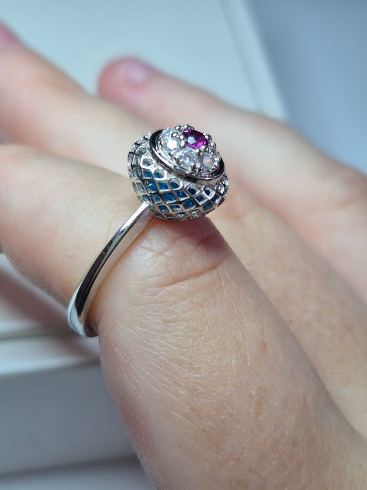 Art Deco Blue Apatite Ring in Rhodium Overlay 925 Sterling Silver SIZE N