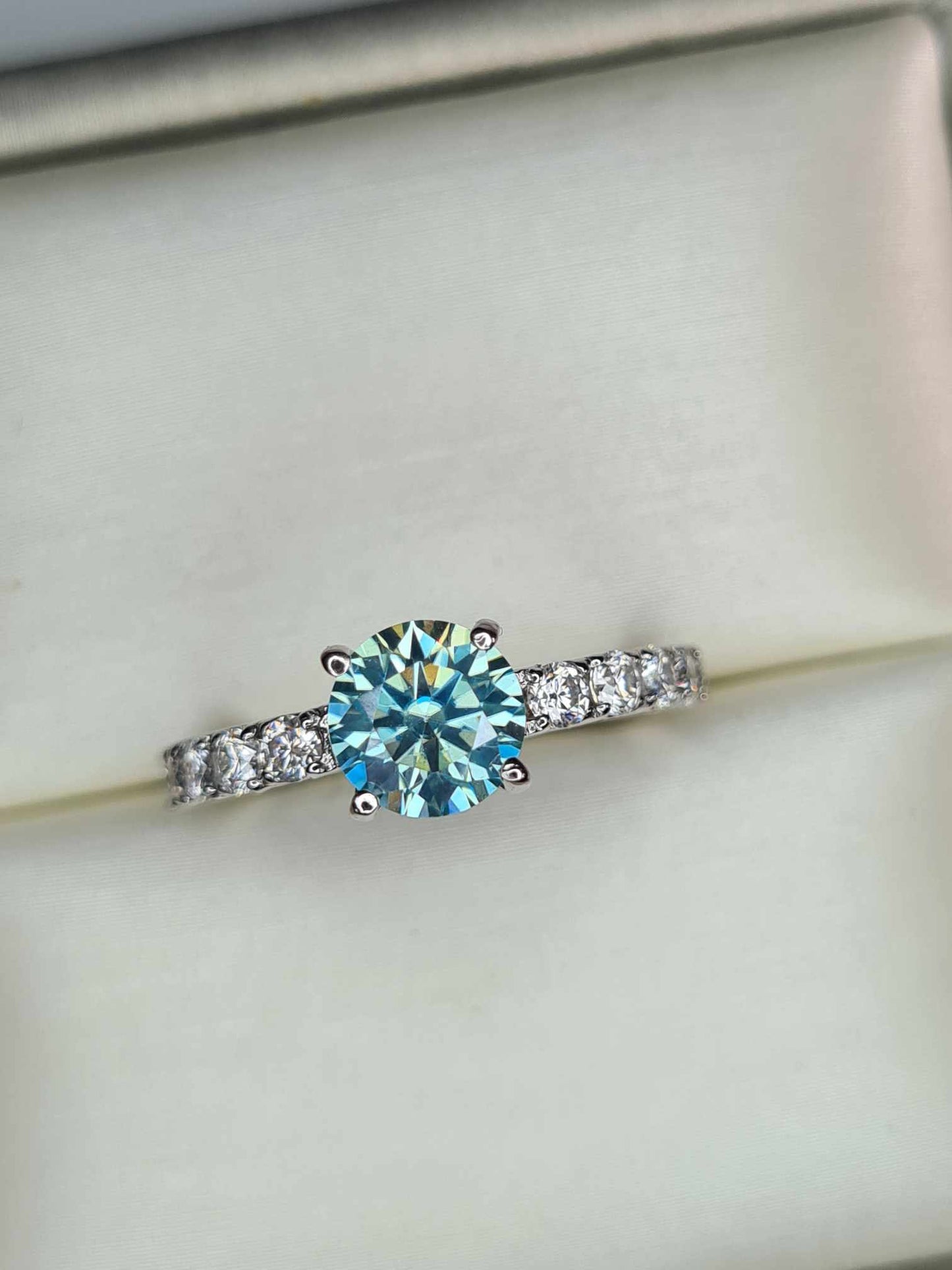 1.41ct light Blue Moissanite Engagement Ring in Rhodium Overlay 925 Sterling Silver SIZE K