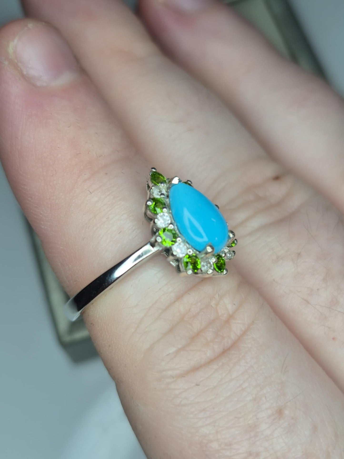 1.75ct Sleeping Beauty Turquoise, Russian Diopside, White Zircon Halo Ring in 925 Sterling Silver SIZE L