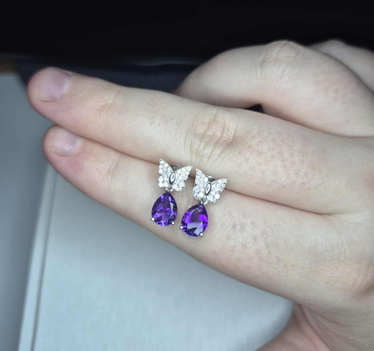 Natural Moroccan Amethyst White Zircon Butterfly Earrings 925 Sterling Silver