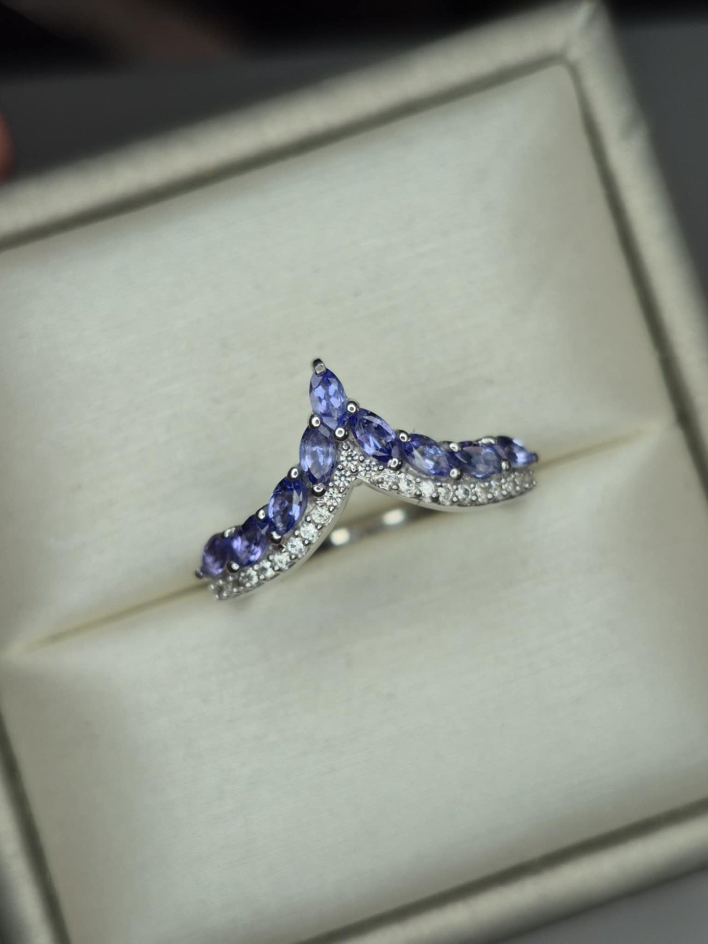 1.17ct Tanzanite and White Zircon Wishbone Ring in Rhodium Overlay 925 Sterling Silver SIZE P