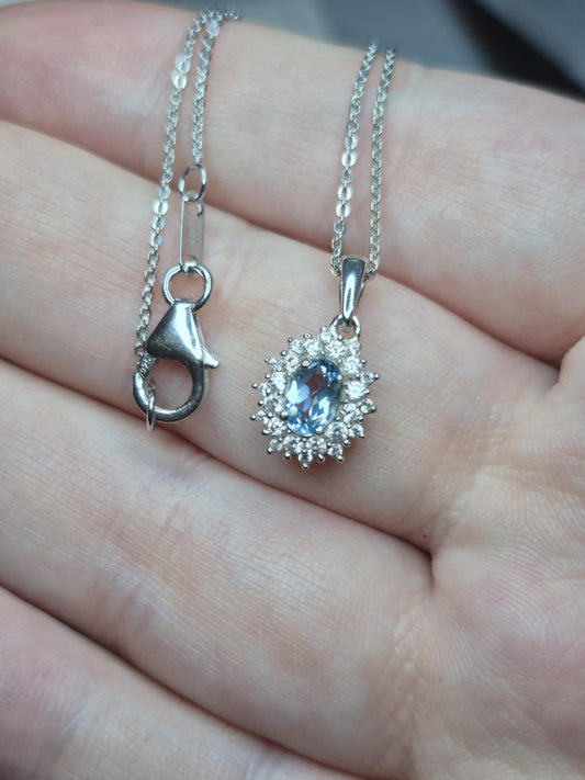 Santamaria Aquamarine & White Zircon Necklace in Rhodium Overlay 925 Sterling Silver