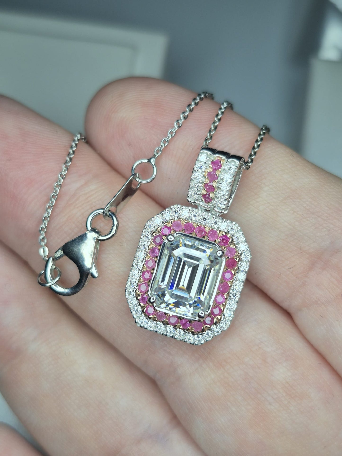 Moissanite & Pink Sapphire Necklace Rhodium Overlay 925 Sterling Silver