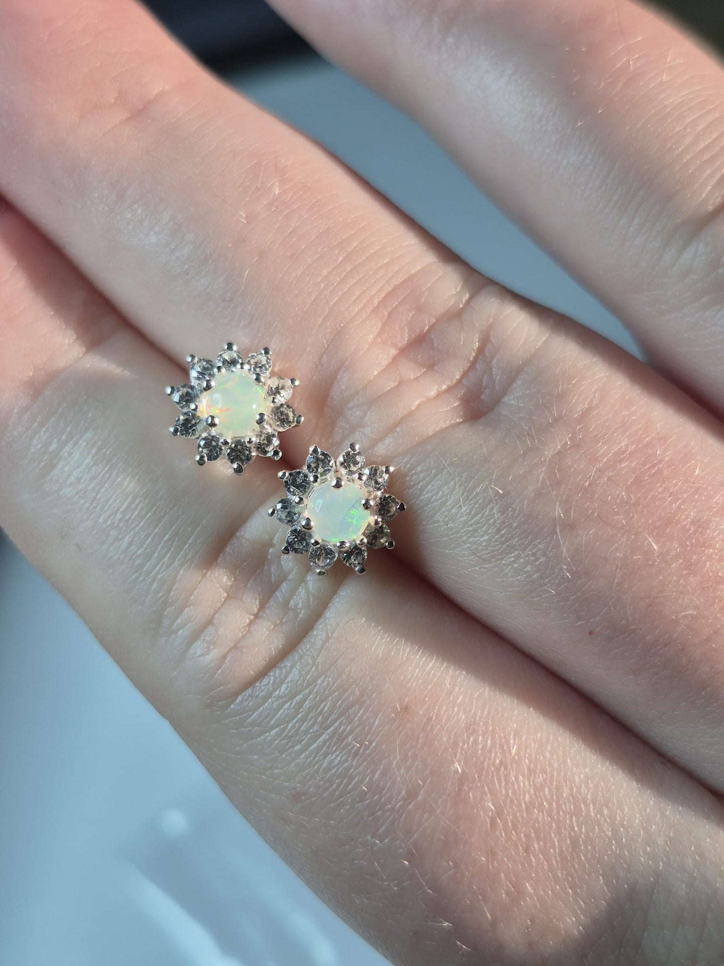 Ethiopian Opal & White Zircon Halo Earrings 925 Sterling Silver