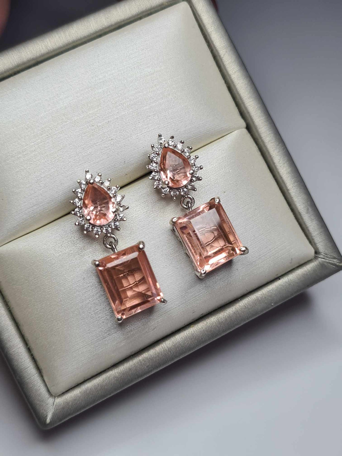 10.15ct Morganite Colour Quartz & Natural Zircon Dangle Earrings in Platinum Overlay 925 Sterling Silver