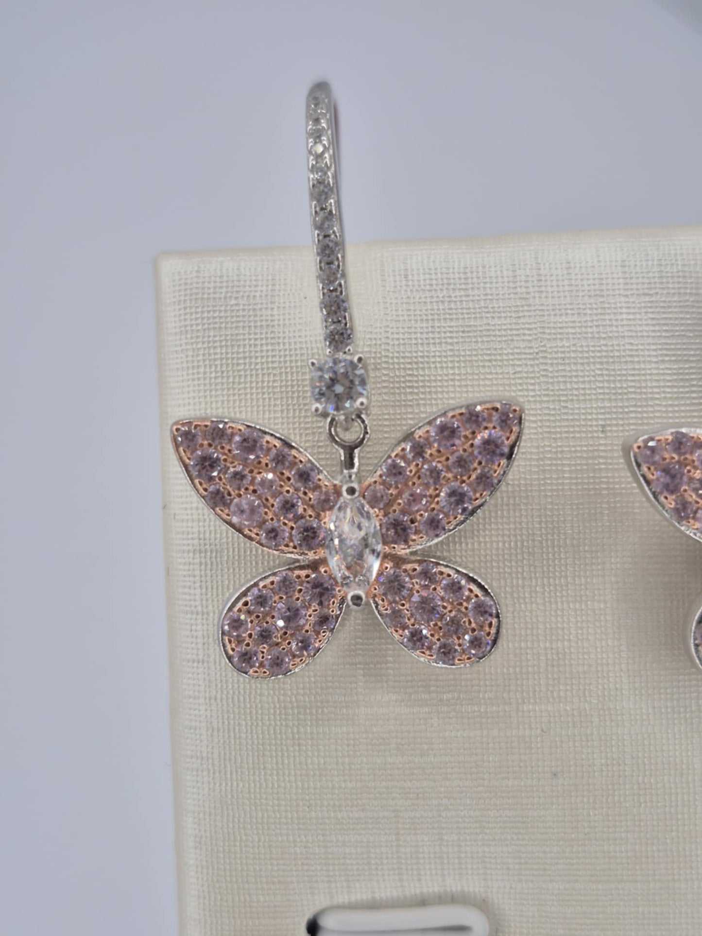 Pink & White Cubic Zirconia Butterfly Earrings in Rhodium Overlay 925 Sterling Silver