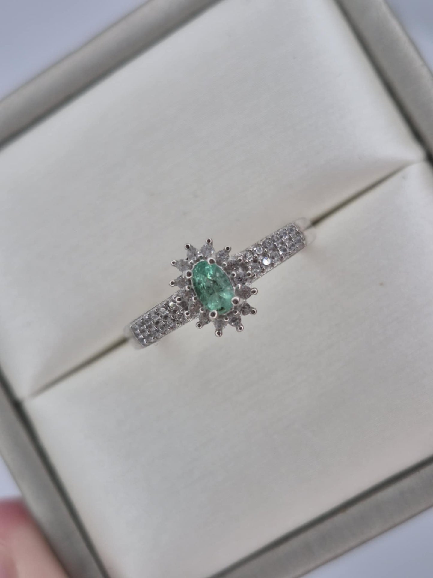 Colombian Emerald & White Zircon Halo Ring in Rhodium Overlay 925 Sterling Silver SIZE N