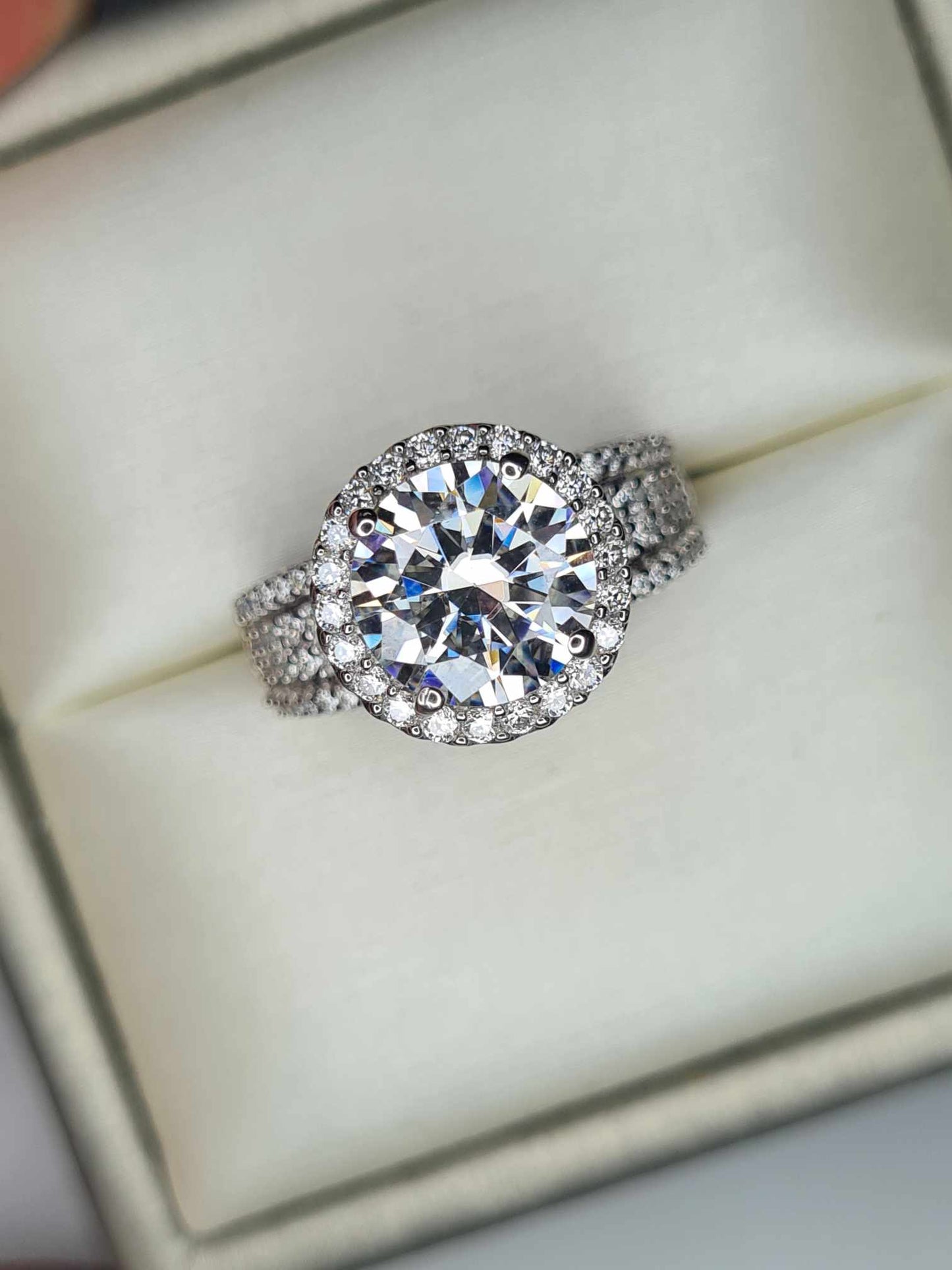 3.615 Ct. Moissanite Halo Ring In Platinum Overlay 925 Sterling Silver SIZE K