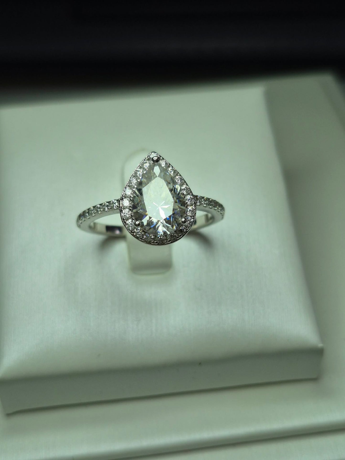 D-VVS1 Moissanite Pear Halo Ring in Rhodium Overlay Sterling Silver SIZE Q
