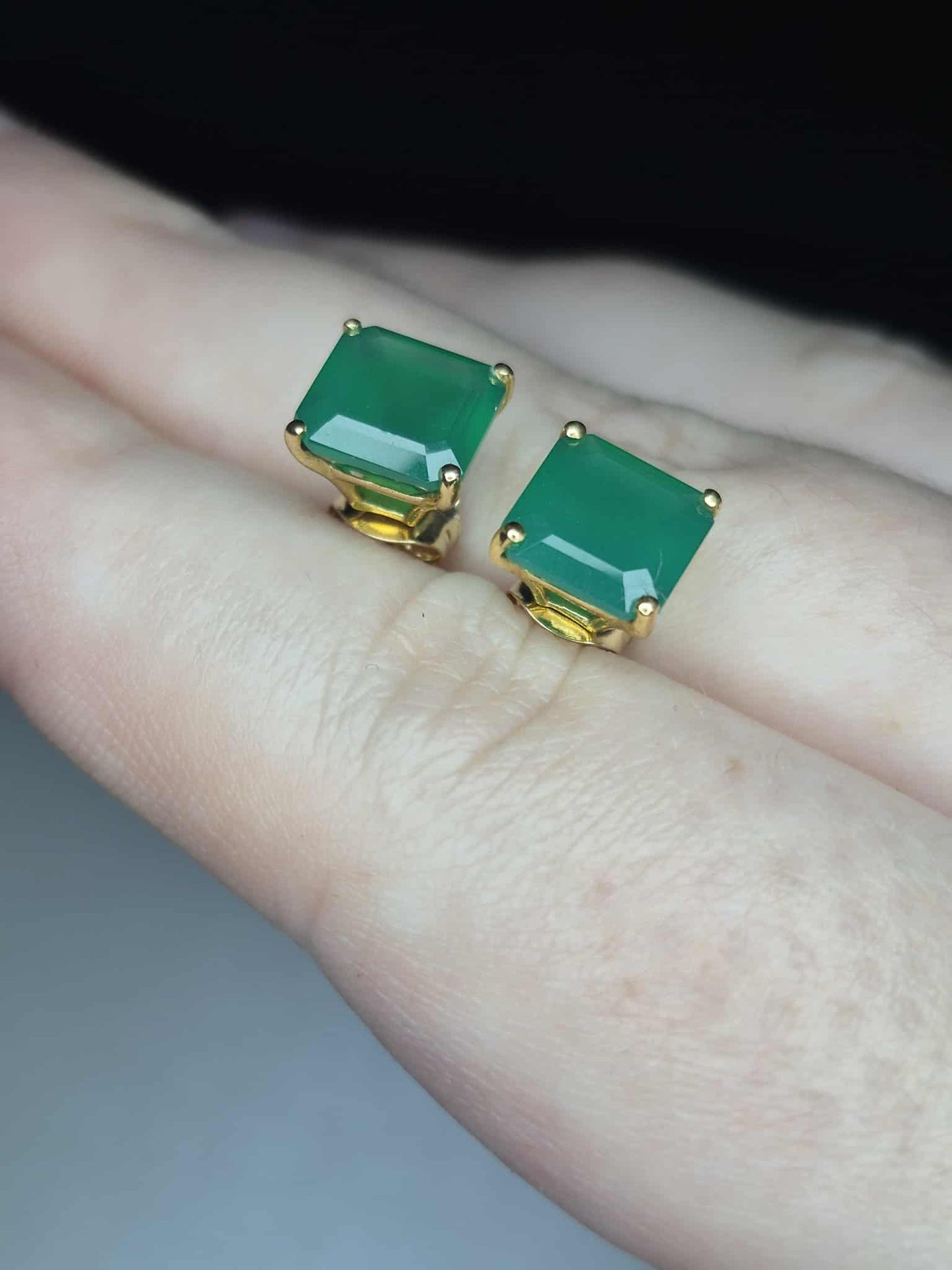 4.43ct Green Onyx Solitaire Stud Earrings in 14K Yellow Gold Overlay 925 Sterling Silver