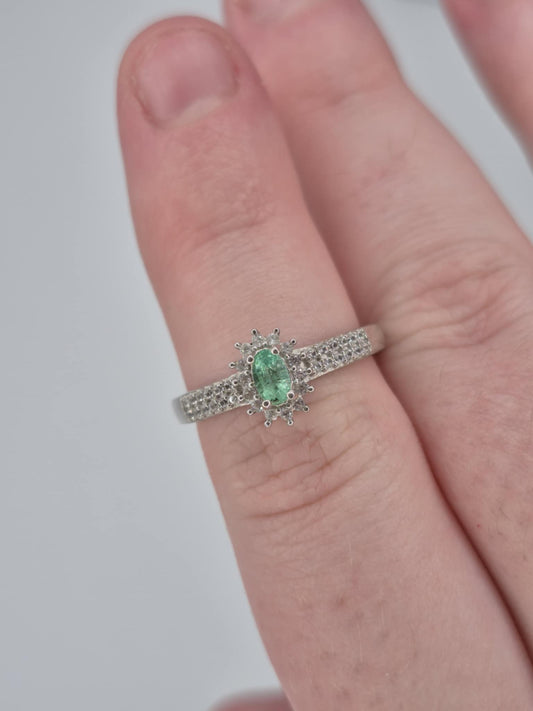 Colombian Emerald & White Zircon Halo Ring in Rhodium Overlay 925 Sterling Silver SIZE N