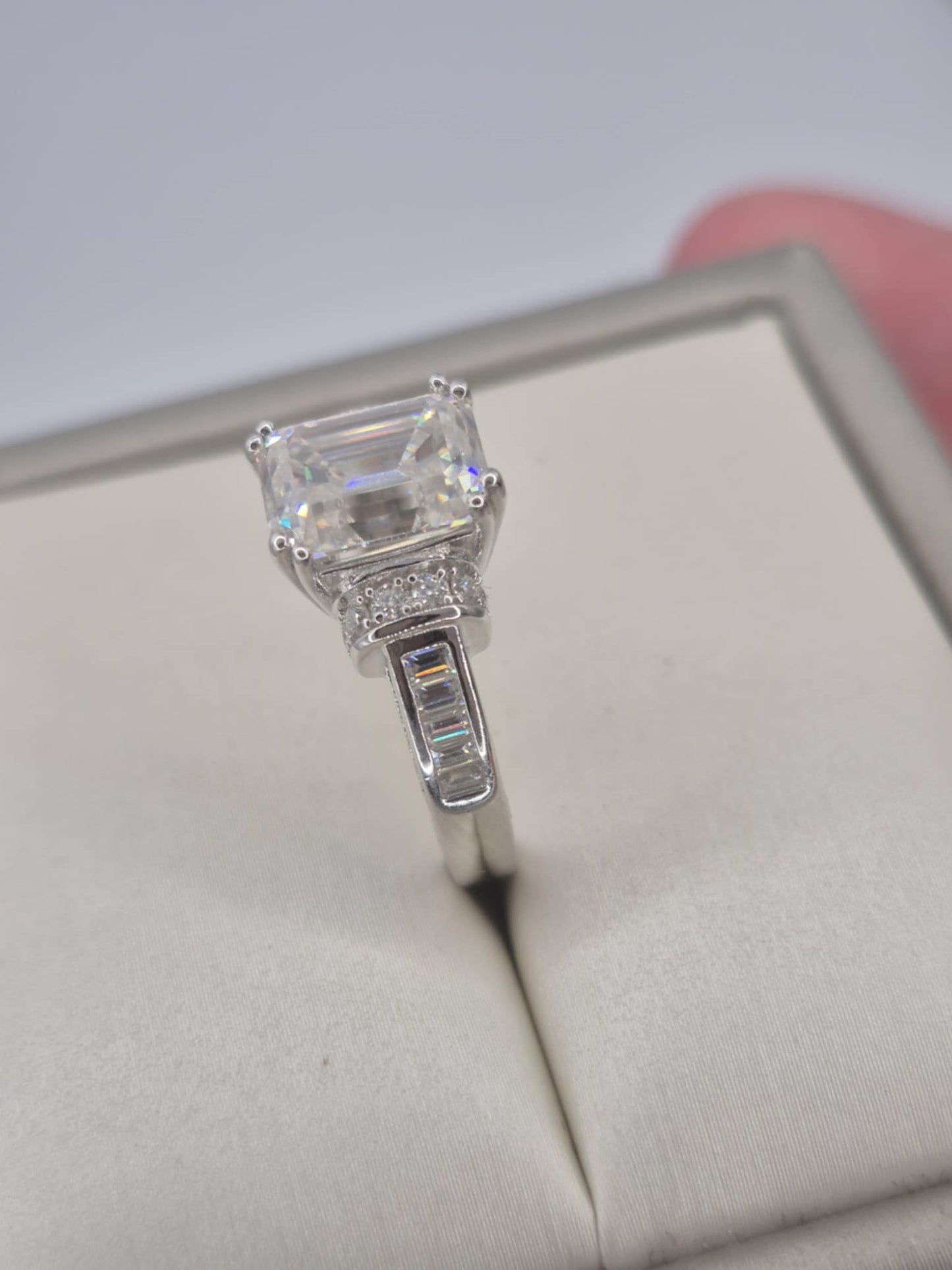 3.30 ct Moissanite Emerald Cut Pave Set Ring in Rhodium Overlay 925 Sterling Silver SIZE L