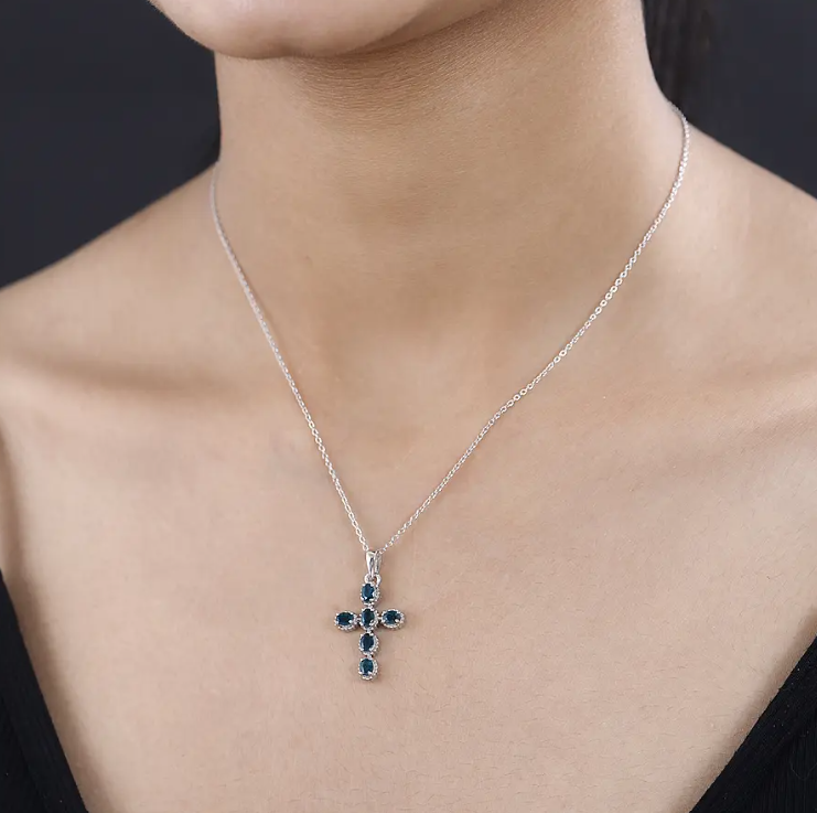 1.140ct Grandidierite Cross Necklace In Platinum Overlay 925 Sterling Silver