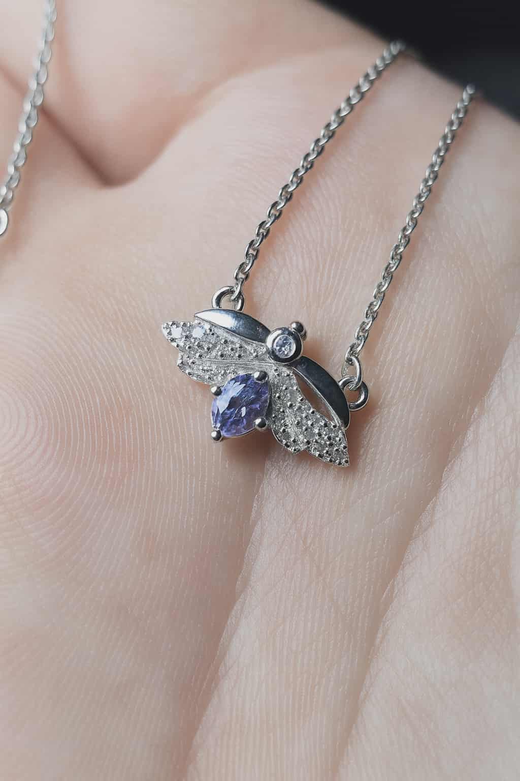 Tanzanite & White Zircon Bee Necklace 925 Sterling Silver