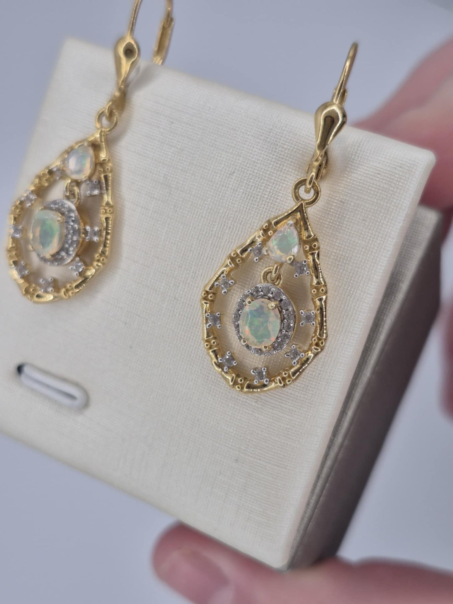 1.09ct Ethiopian Opal, White Zircon Dangle Earrings in 18K Gold Overlay 925 Sterling Silver