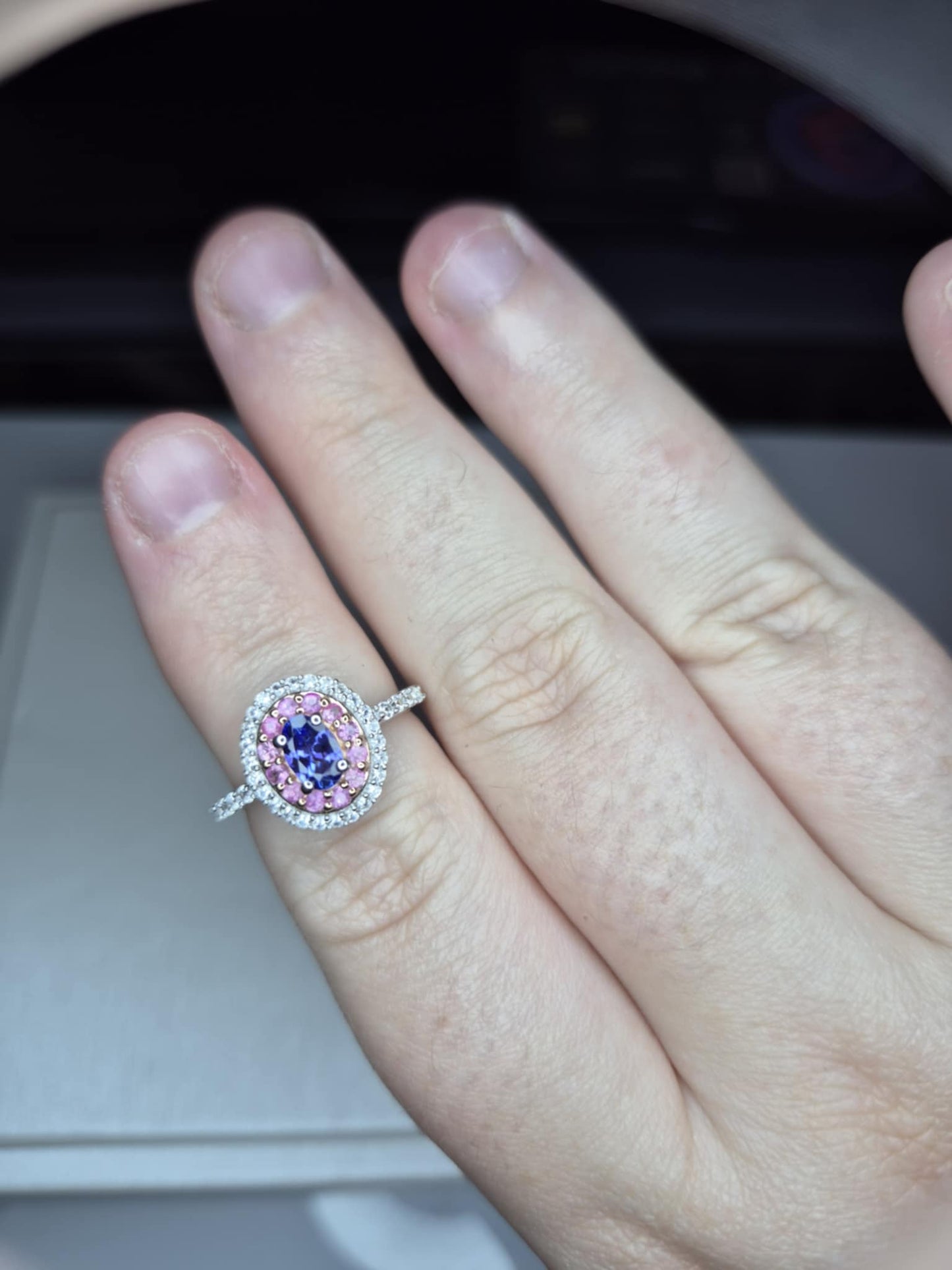 Tanzanite & Pink Sapphire Halo Ring in 925 Sterling Silver SIZE L