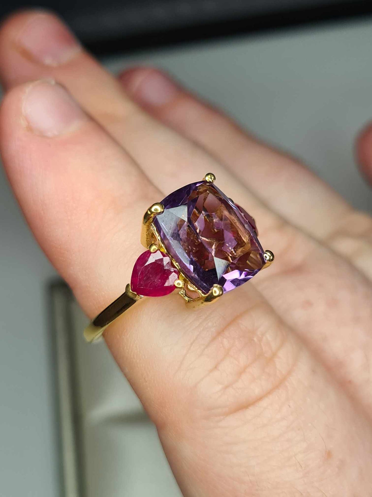 6.660 Ct. African Amethyst & Ruby Trilogy Ring in 18K Gold Overlay 925 Sterling Silver