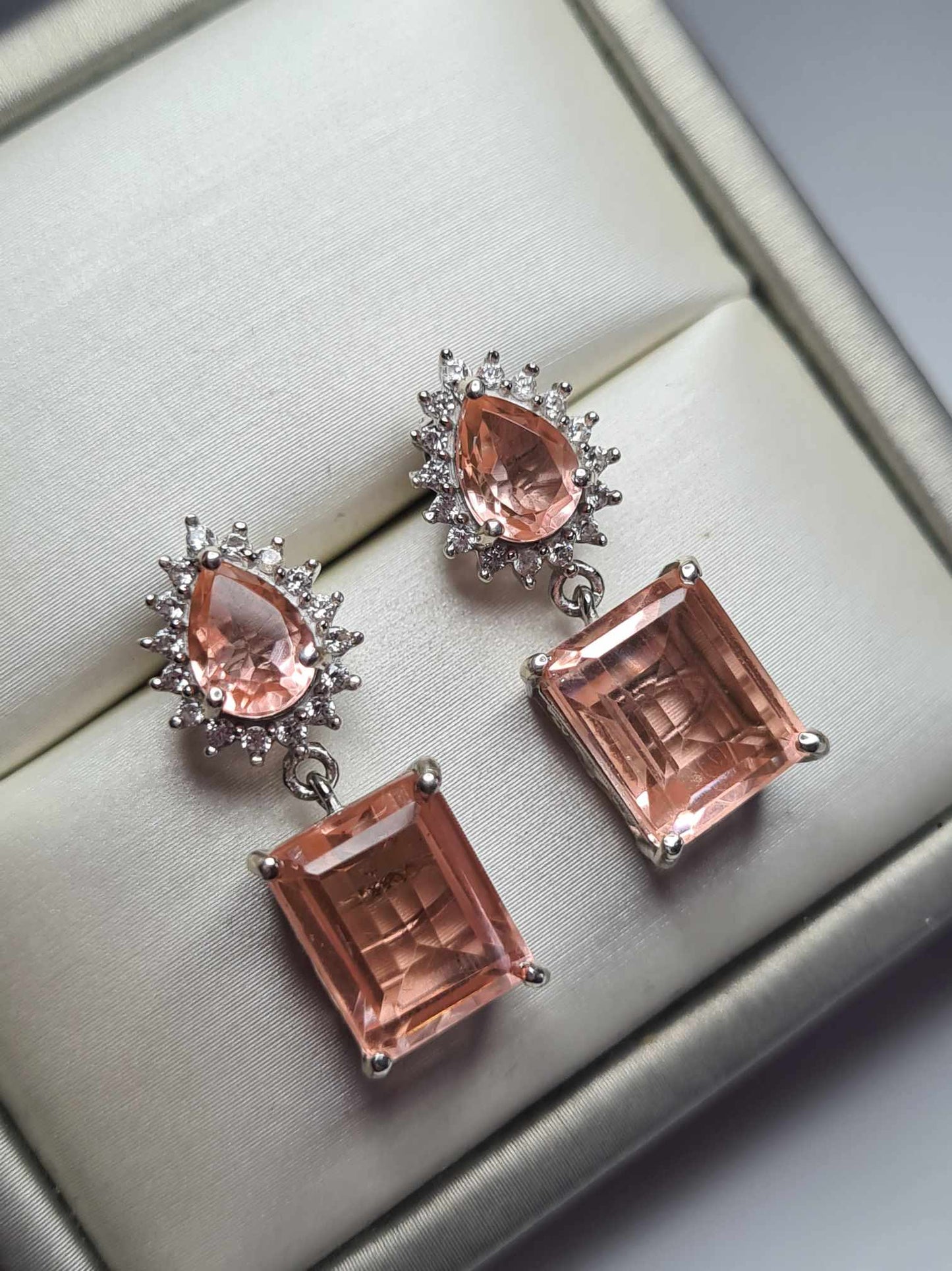 10.15ct Morganite Colour Quartz & Natural Zircon Dangle Earrings in Platinum Overlay 925 Sterling Silver