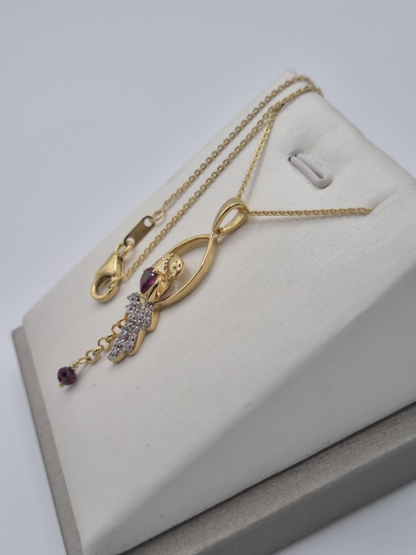 0.910ct. Rhodolite Garnet, White Zircon, Blue Sapphire Bird Necklace in 18K Gold Overlay 925 Sterling Silver