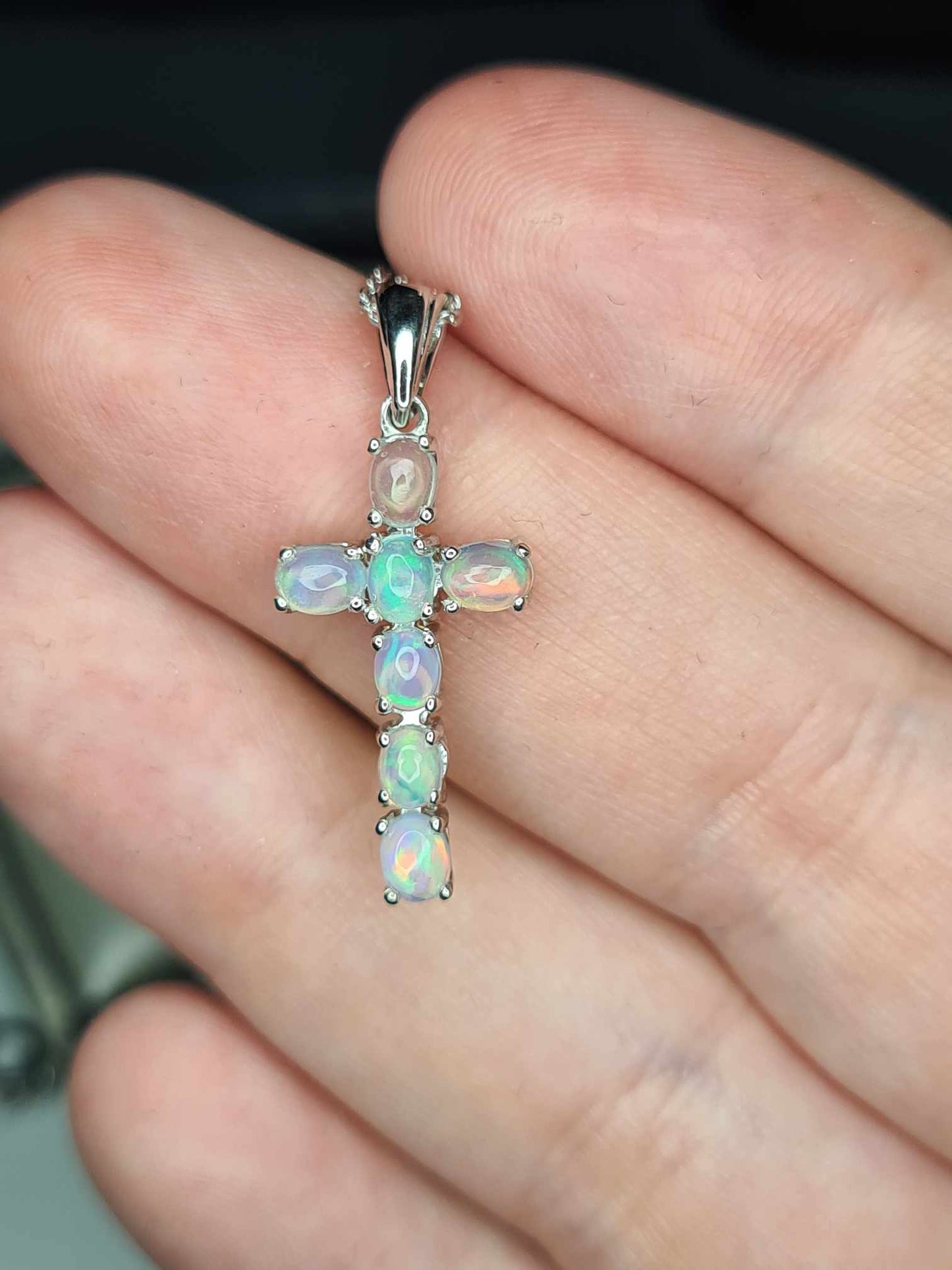 0.760ct. Ethiopian Opal Cross Necklace 925 Sterling Silver with platinum overlay