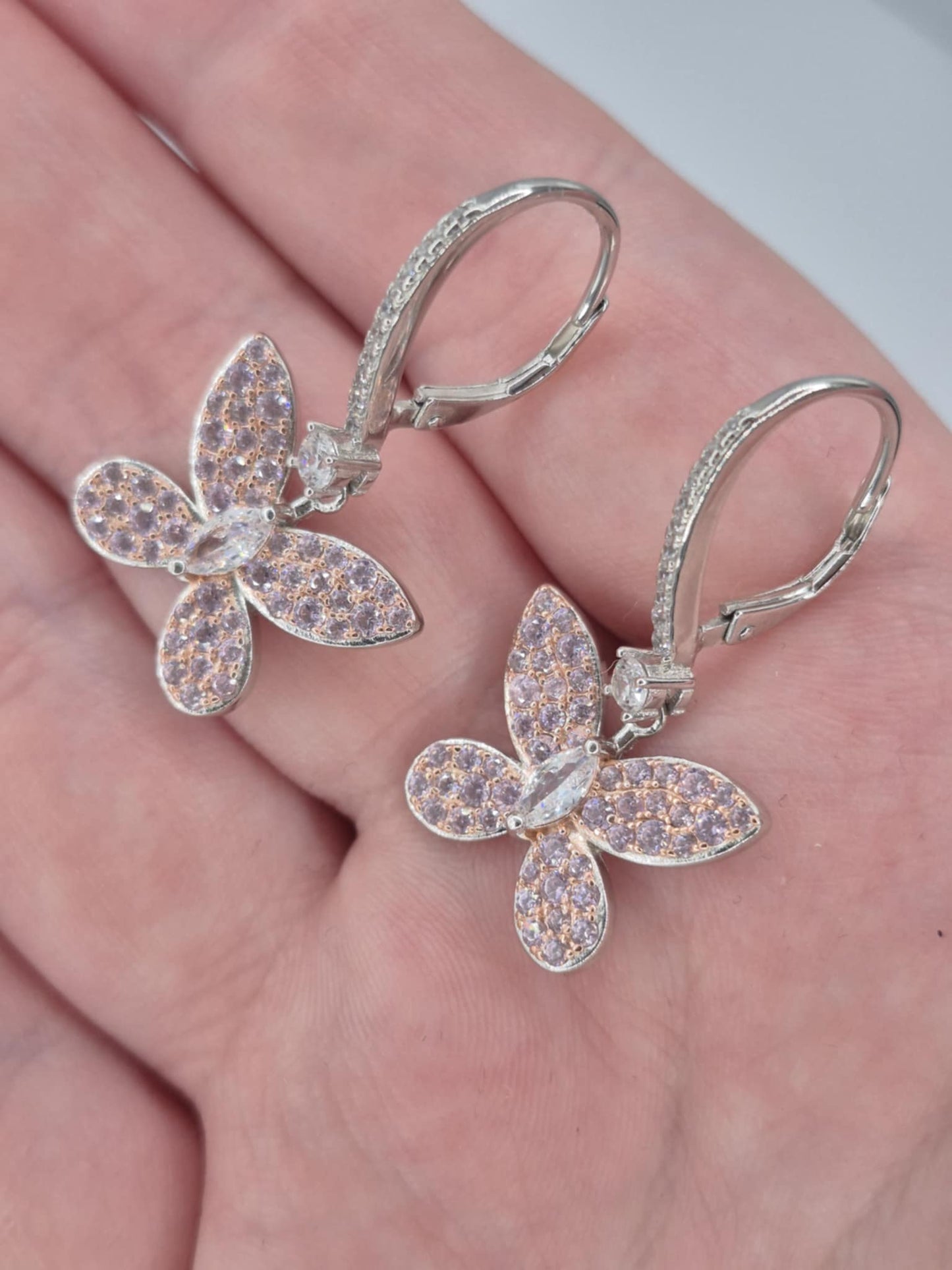 Pink & White Cubic Zirconia Butterfly Earrings in Rhodium Overlay 925 Sterling Silver