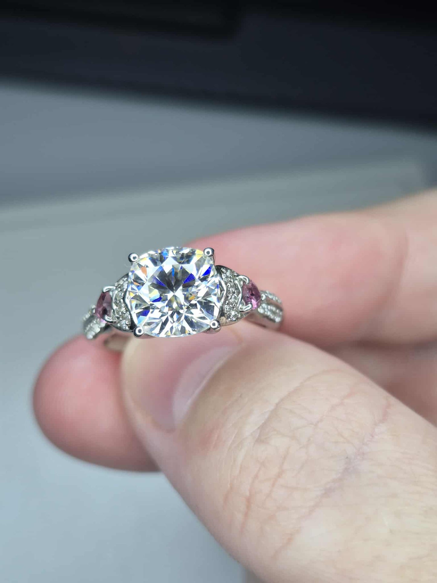 3.07ct Moissanite, Pink Tourmaline &amp; Natural Zircon Ring 925 Sterling Silver SIZE M