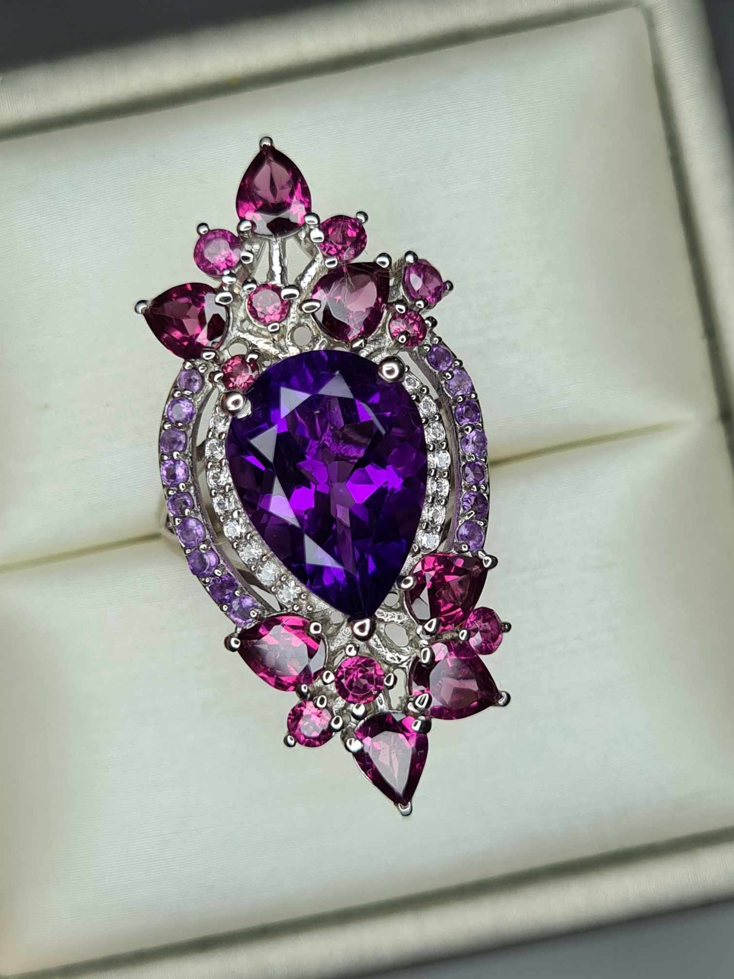 8.57ct Amethyst, Rhodolite Garnet and Natural Zircon Floral Ring in Platinum Overlay 925 Sterling Silver