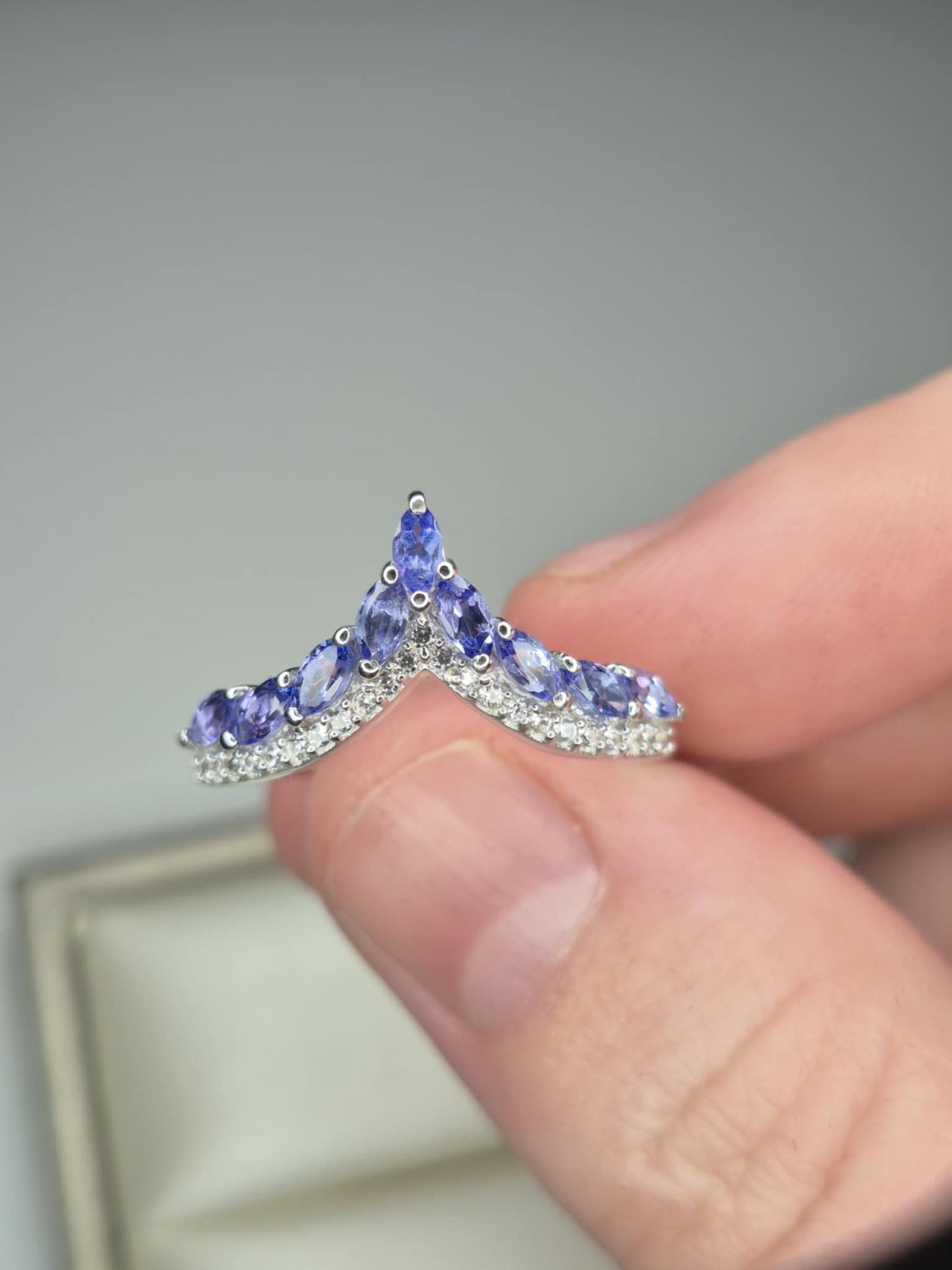 1.17ct Tanzanite and White Zircon Wishbone Ring in Rhodium Overlay 925 Sterling Silver