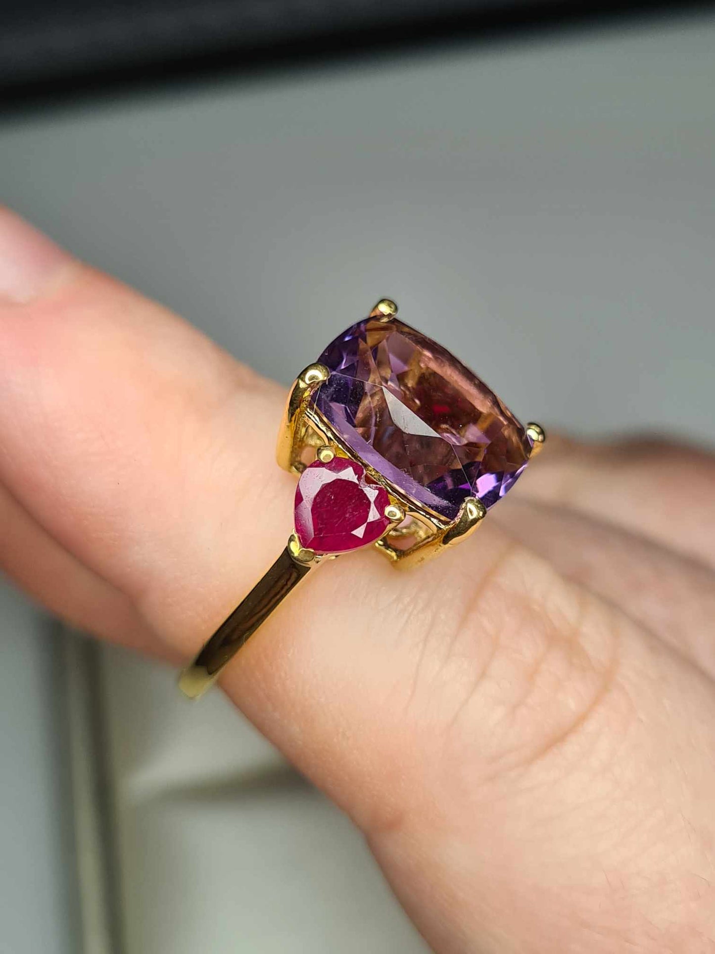 6.660 Ct. African Amethyst & Ruby Trilogy Ring in 18K Gold Overlay 925 Sterling Silver