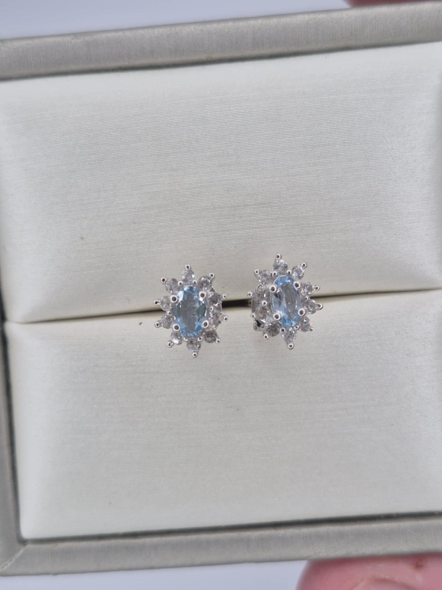 0.614ct. Santamaria Aquamarine & Natural Zircon Stud Earrings in Rhodium Overlay 925 Sterling Silver