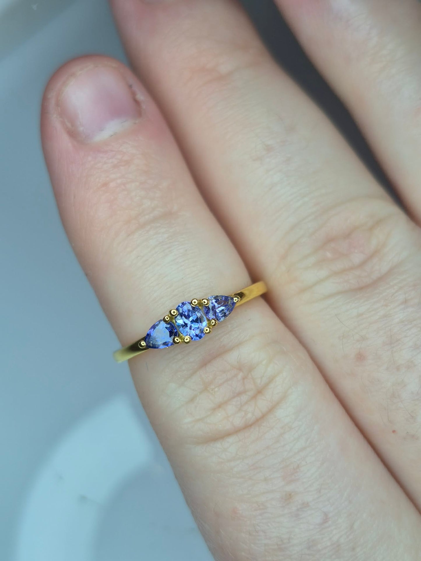 Tanzanite Trilogy Ring in Yellow Gold 925 Sterling Silver SIZE M