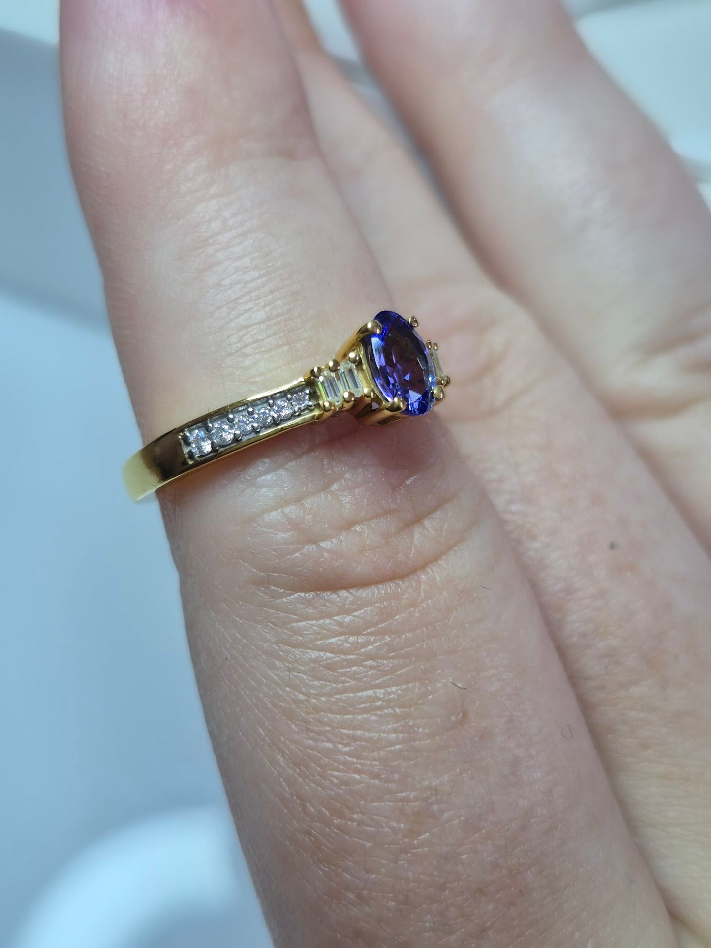 Natural Tanzanite & Moissanite Ring in 18k gold overlay 925 Sterling Silver SIZE M