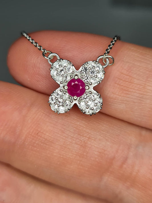 Mozambique Ruby, White Zircon Floral Necklace in Rhodium Overlay 925 Sterling Silver