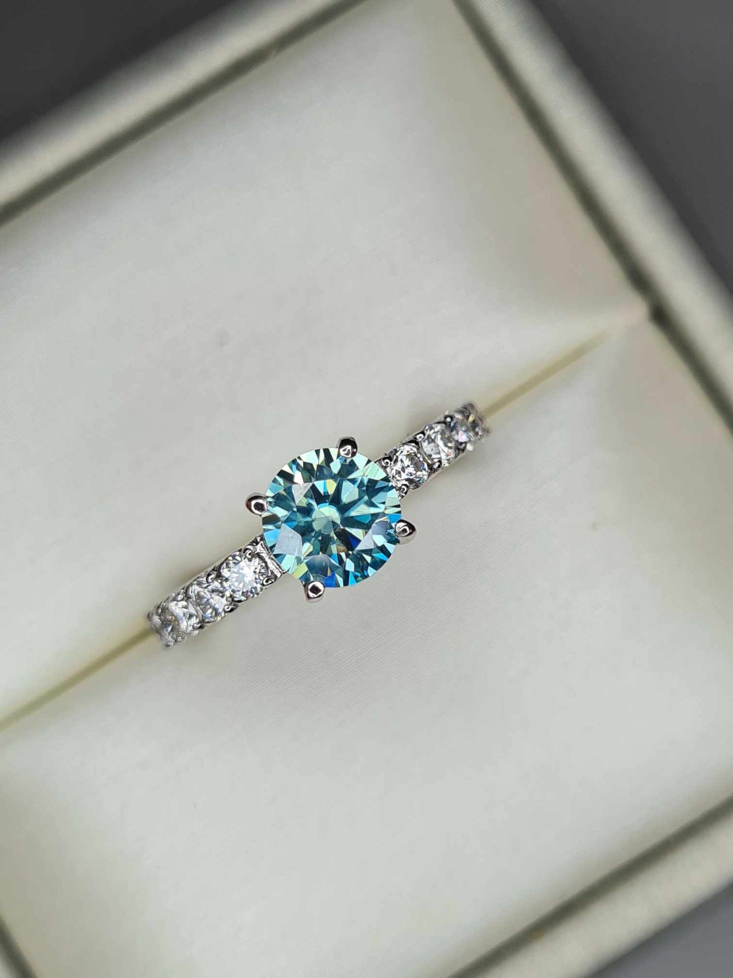 1.41ct light Blue Moissanite Engagement Ring in Rhodium Overlay 925 Sterling Silver SIZE K