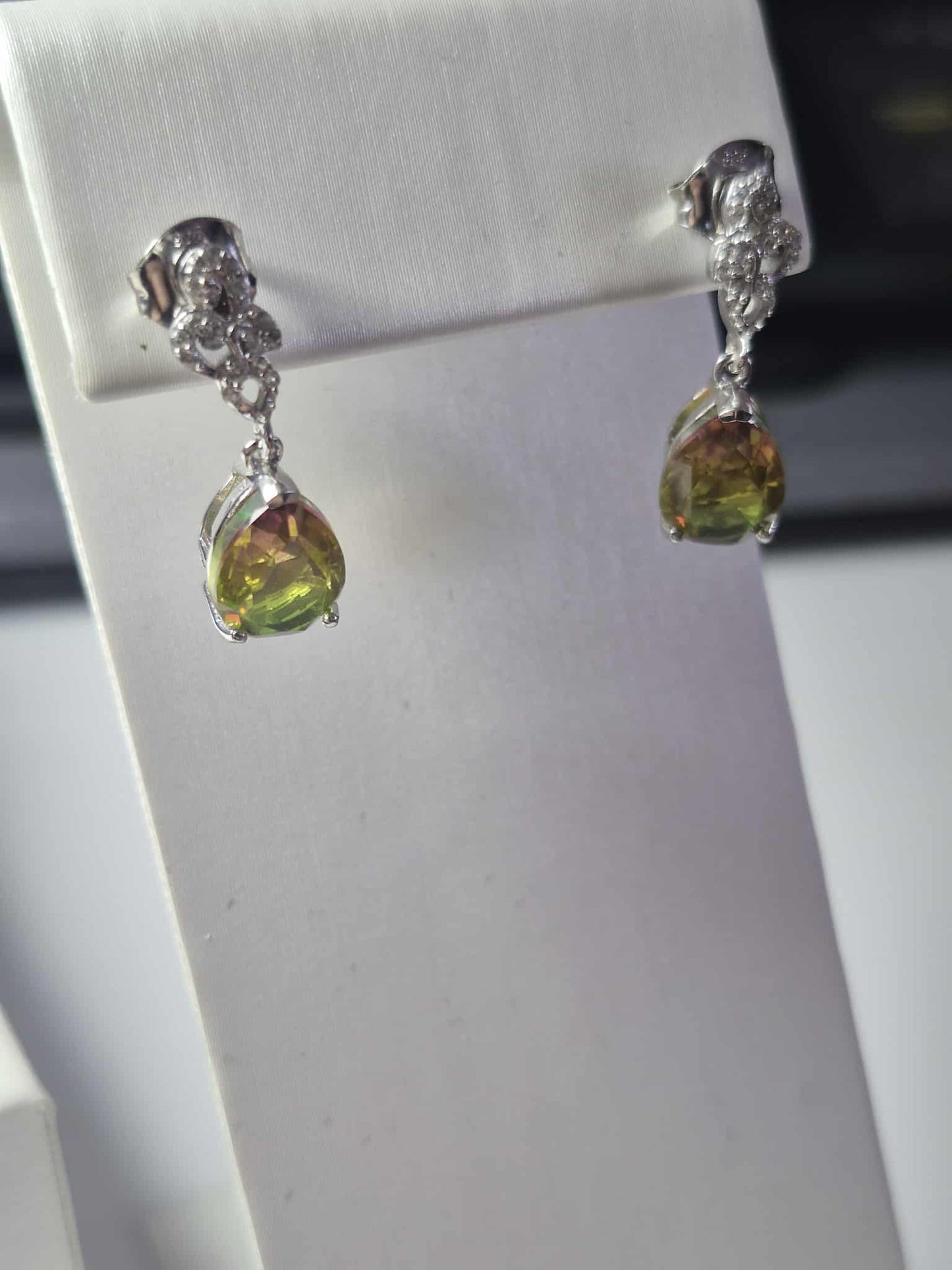 Rainbow Genesis Quartz, White Zircon Dangle Earrings in 925 Sterling Silver